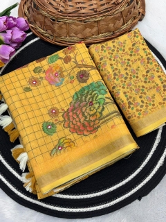 Presenting soft linen mirror work saree 